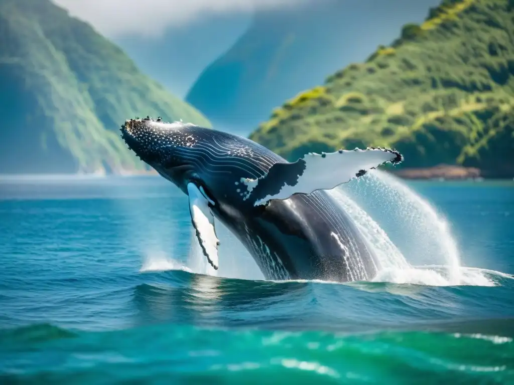 Increíble ballena jorobada saltando en aguas cristalinas, rodeada de islas verdes y un barco sostenible