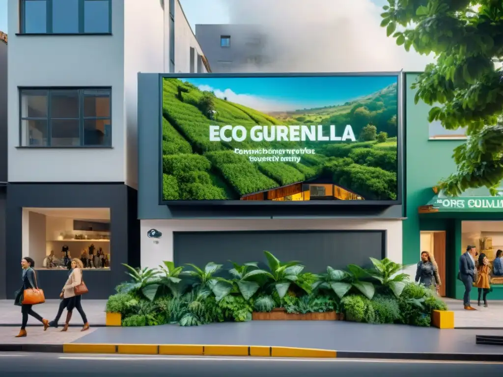 Un increíble cartel publicitario de guerrilla para propiedades ecológicas con ideas creativas en una concurrida esquina de la ciudad