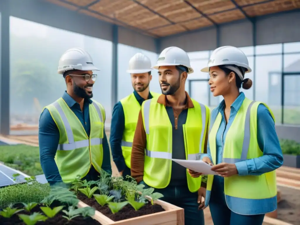 Ingenieros y arquitectos de startups debaten sobre materiales de construcción sostenible en un sitio ecoamigable