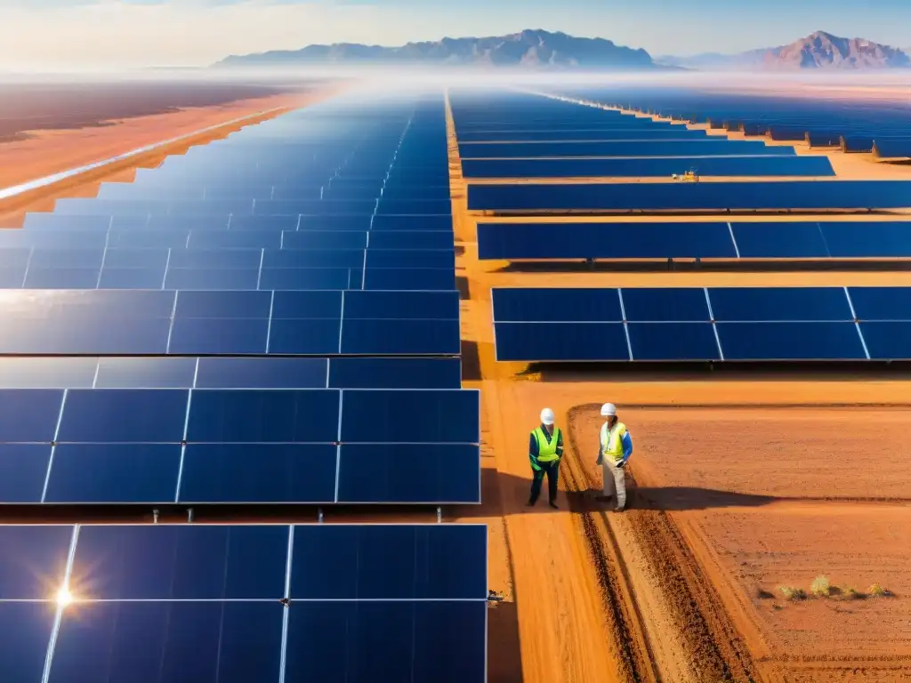 Ingenieros inspeccionando granja solar en desierto