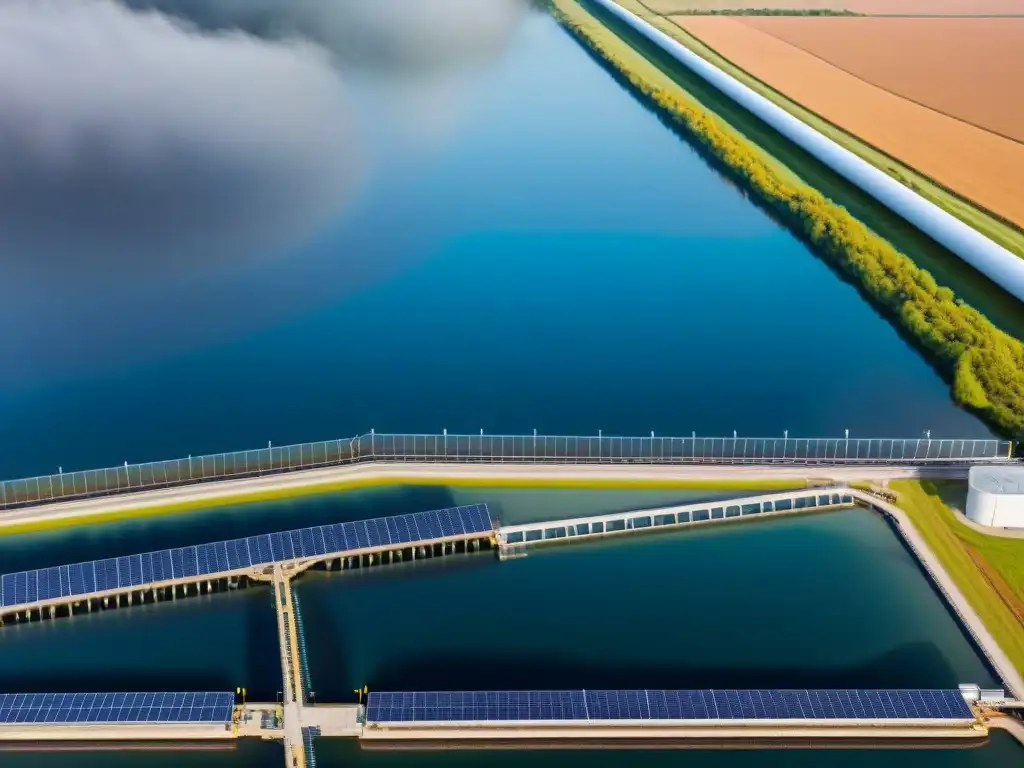 Ingenieros y técnicos trabajando en tecnologías tratamiento aguas grises sostenibles, rodeados de paneles solares y turbinas eólicas