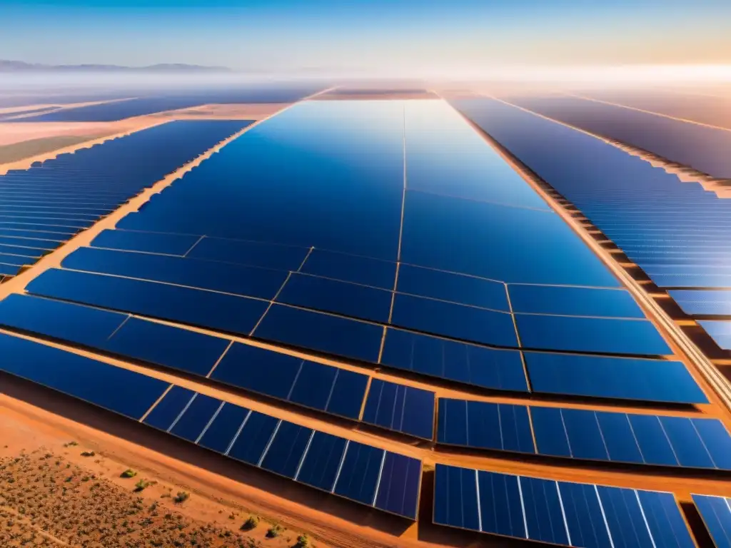 Un inmenso campo de energía solar en el desierto, reflejando la luz del sol bajo un cielo azul