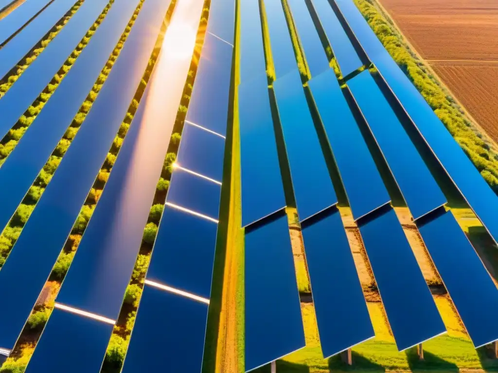 Un inmenso campo de paneles solares para autosuficiencia energética bajo un cielo azul claro, capturando la energía solar