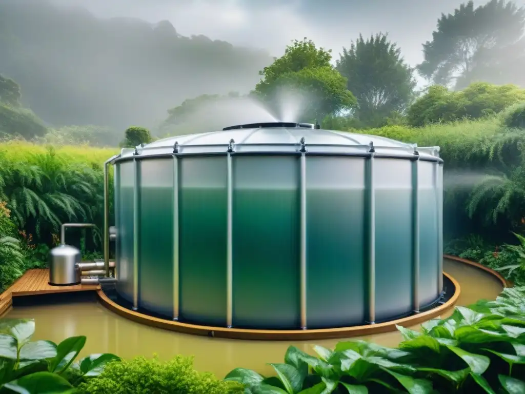 Innovaciones en recolección de agua lluvia eco: sistema moderno captando agua de lluvia en jardín verde exuberante