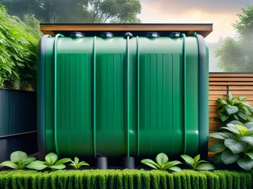 Innovaciones en recolección de agua lluvia eco en edificio sostenible con sistema avanzado y jardín verde exuberante