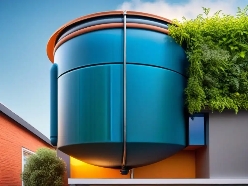 Innovaciones recolección agua lluvia eco: sistema futurista de captación de agua en edificio sostenible con jardín en la azotea y cielo azul