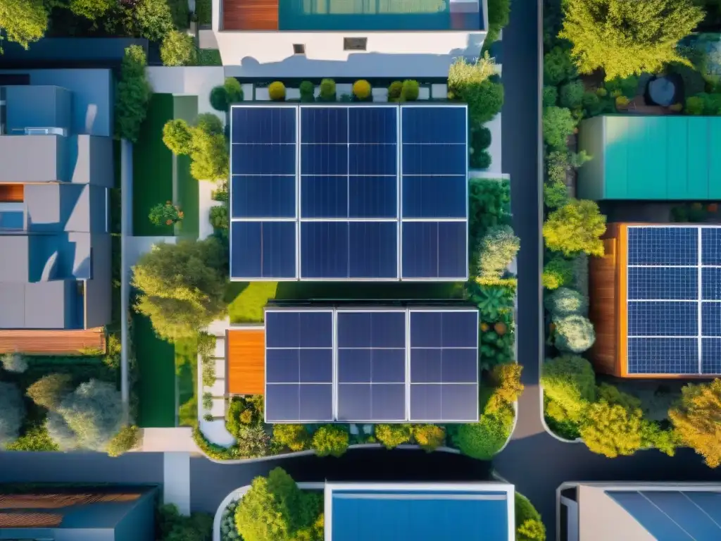 Un innovador desarrollo residencial ecoamigable con paneles solares en los techos, espacios verdes exuberantes y diseño sostenible