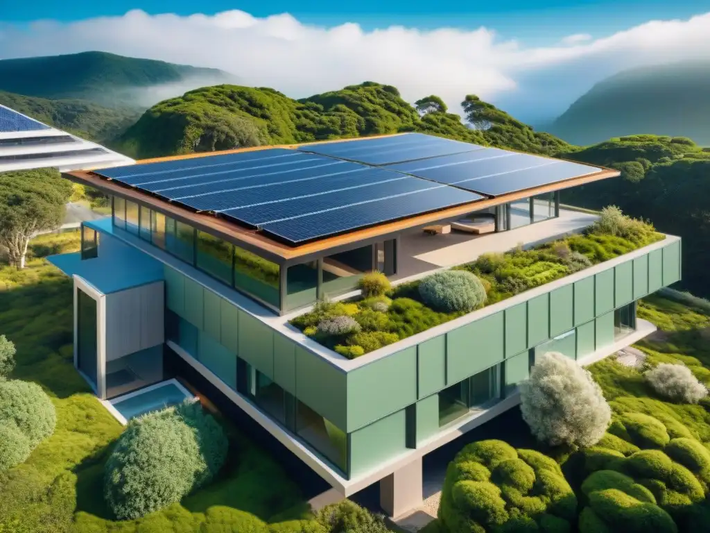 Un innovador diseño sostenible con techo verde, paneles solares y agua para enfriamiento pasivo