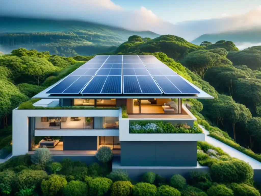 Un innovador edificio verde sostenible con paneles solares y tejados verdes, rodeado de vegetación exuberante bajo cielos azules