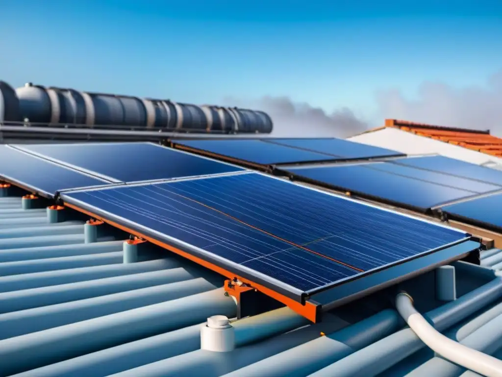 Un innovador sistema de calentamiento de agua solar en un techo residencial, resaltando su diseño elegante y eficiencia energética