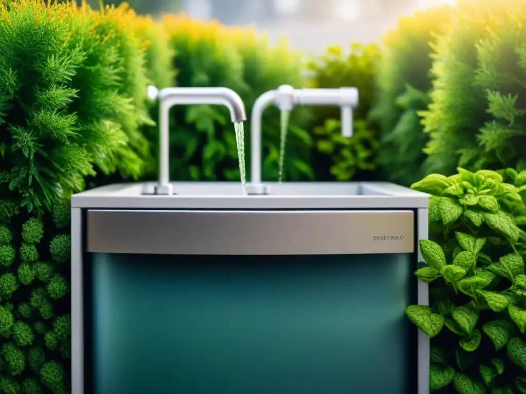 Innovador sistema de reciclaje de agua gris en acción, reutilizando agua para regar plantas en un jardín exuberante