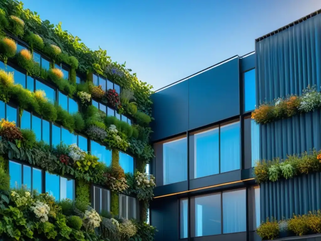 Innovadora bioconstrucción para diseño arquitectónico sostenible con muros verdes, paneles solares y jardín en la azotea