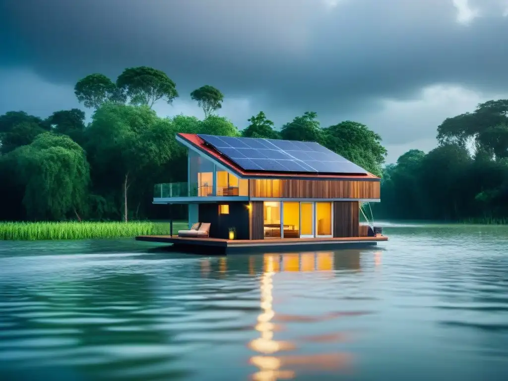 Innovadora casa flotante ecológica en zona inundada con diseño sostenible y vegetación resiliente