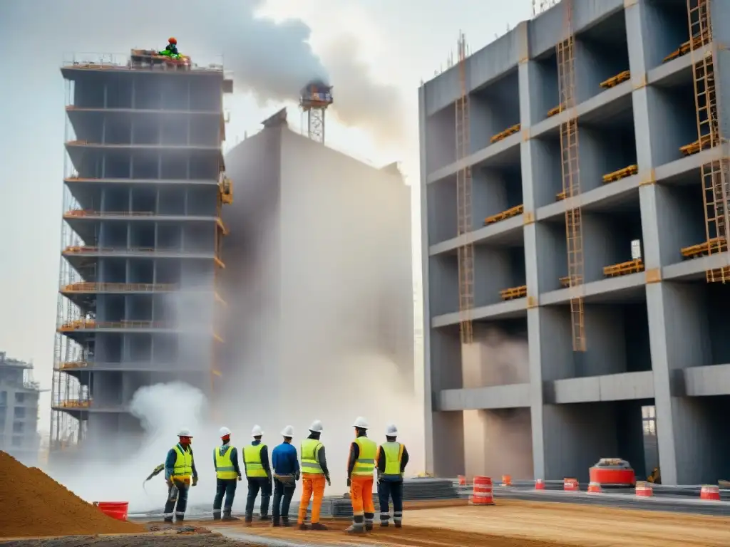 Equipo diverso en obra: concreto ecoamigable y tecnología Innovadores materiales de construcción sostenibles revolucionarán la industria con un equipo diverso en una obra verde