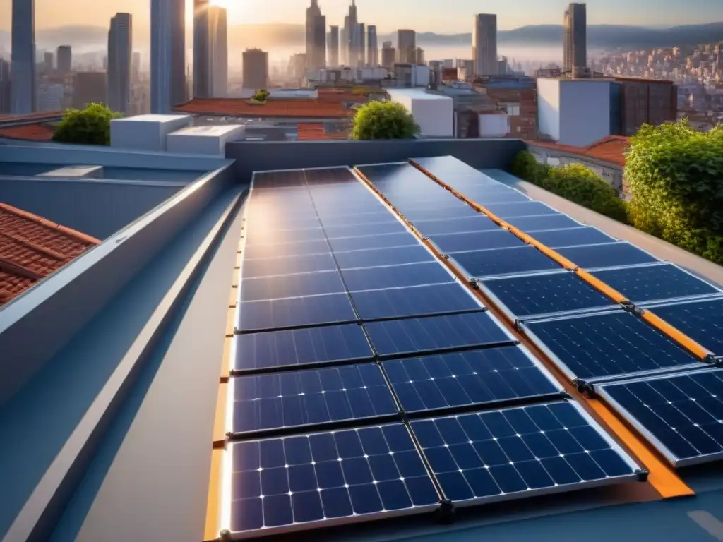 Innovadores paneles solares en un pequeño tejado urbano, efficientes y glistening con la ciudad de fondo