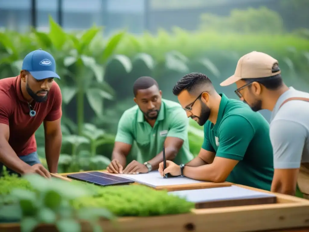 Inspiradora escena de un taller de construcción verde con participantes de todas las edades aprendiendo fundamentos ecológicos