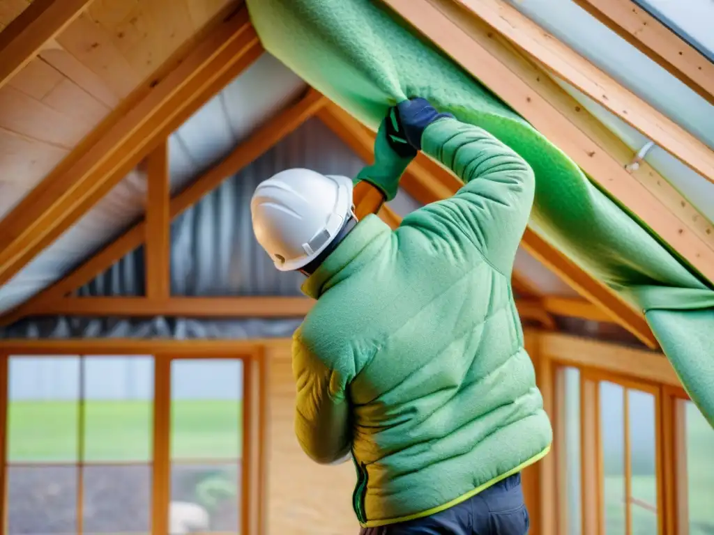 Instalación de aislamiento térmico tecnología verde en hogar energéticamente eficiente, destacando innovación y sostenibilidad