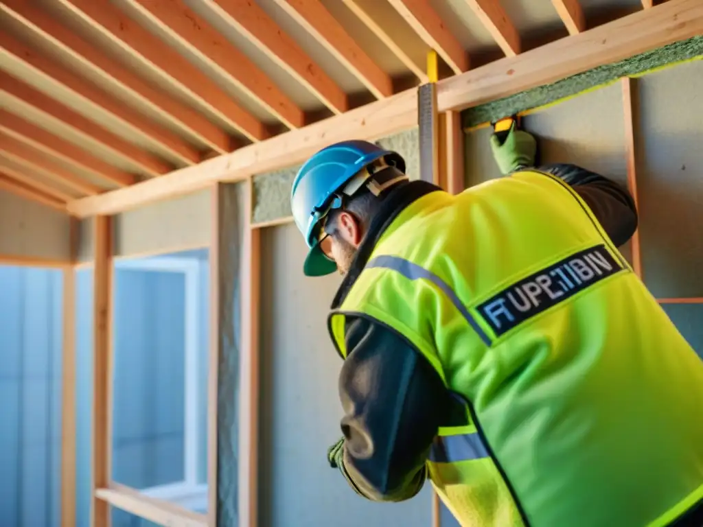 Instalación de aislamiento térmico en viviendas verdes, muestra la precisión y dedicación en la construcción sostenible