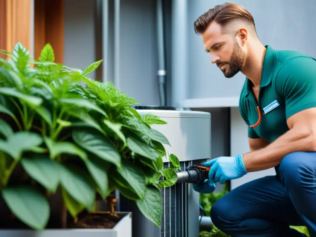 Instalación de bomba de calor ecológica en hogar moderno: técnico conectando componentes con precisión en ambiente sostenible