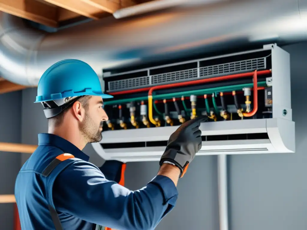 Instalación de sistema HVAC ecológico en casa moderna: técnico conectando tuberías y cables