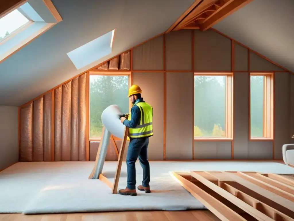 Instalación cuidadosa de aislamiento térmico eficiente en hogar, creando un ambiente acogedor y sostenible en una moderna sala de estar