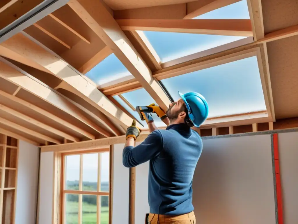 Instalación detallada de aislamiento térmico en vivienda sostenible, con trabajador dedicado y materiales ecofriendly