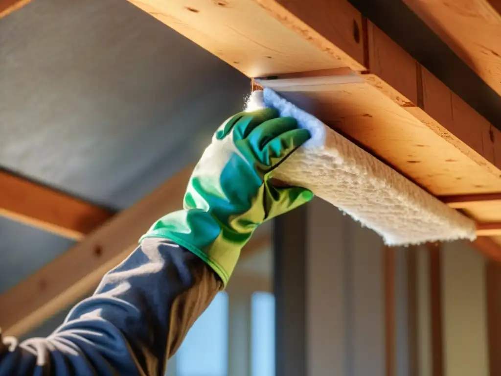 Instalación detallada de aislamiento térmico para casas sostenibles, con trabajador aplicando material eco en hogar moderno