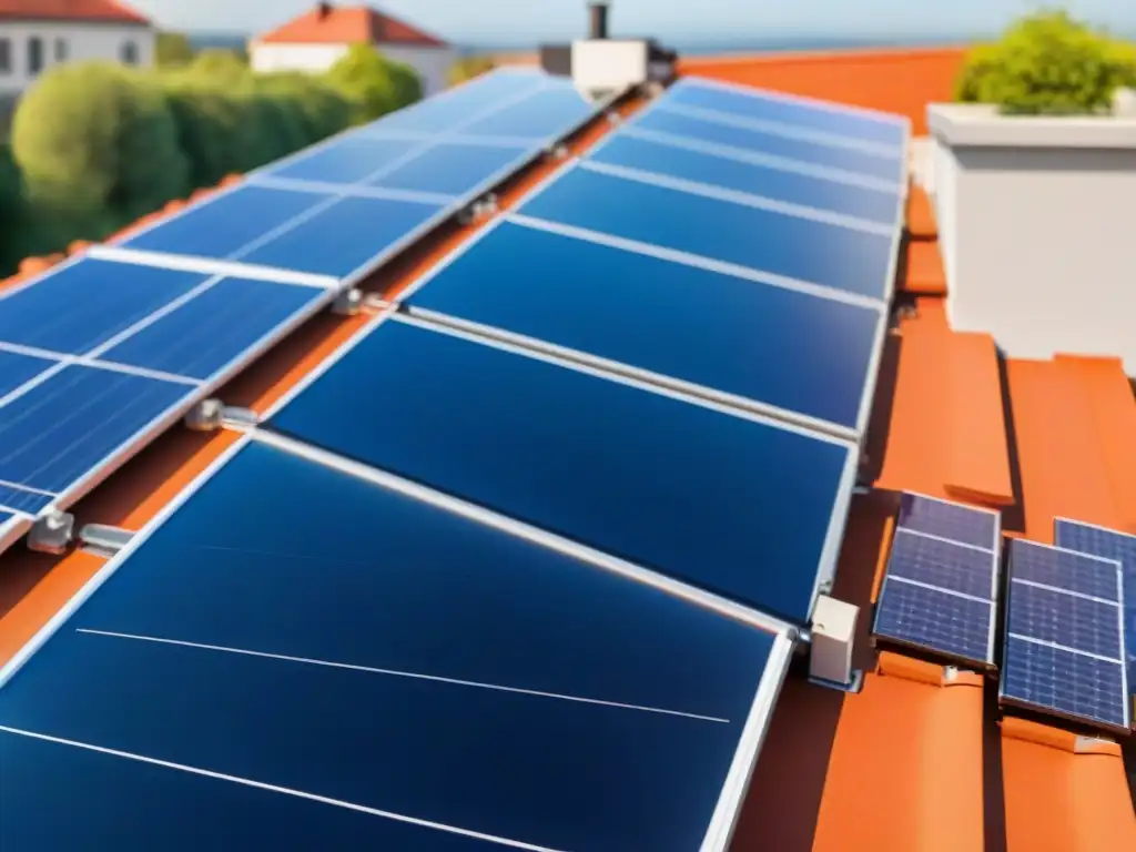 Una instalación detallada de paneles solares en un techo residencial con la palabra clave 'energía renovable para hogares sostenibles'