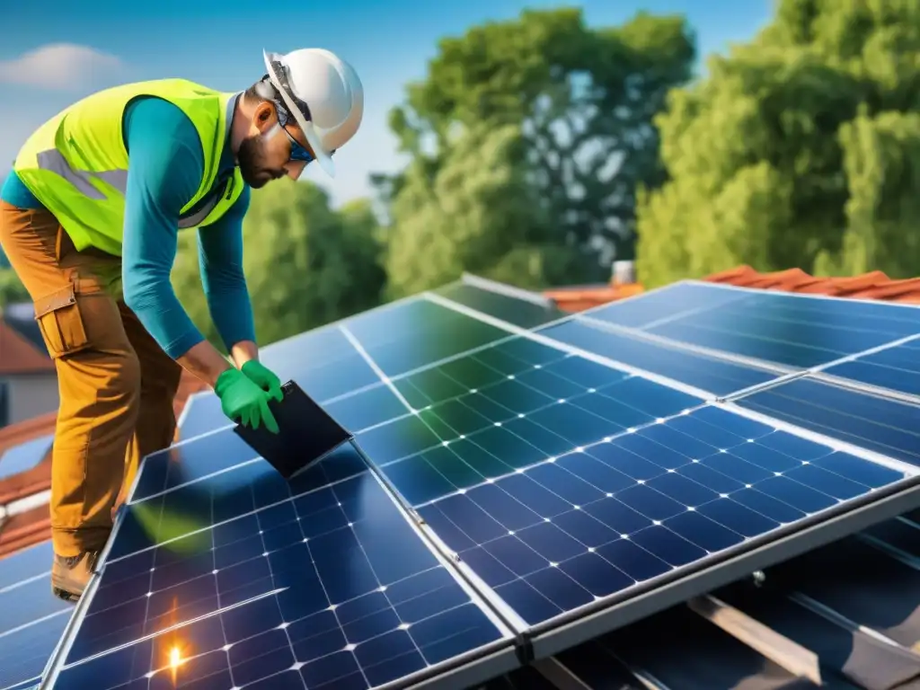 Instalación detallada de paneles solares en casa con técnico asegurándolos en tejado bajo cielo azul