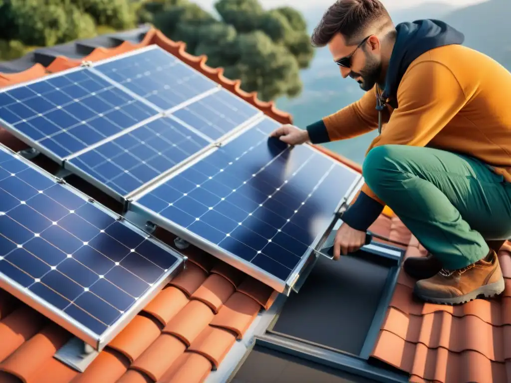 Instalación detallada de paneles solares en techo moderno en España, reflejando el compromiso verde y los incentivos préstamo hipotecario verde