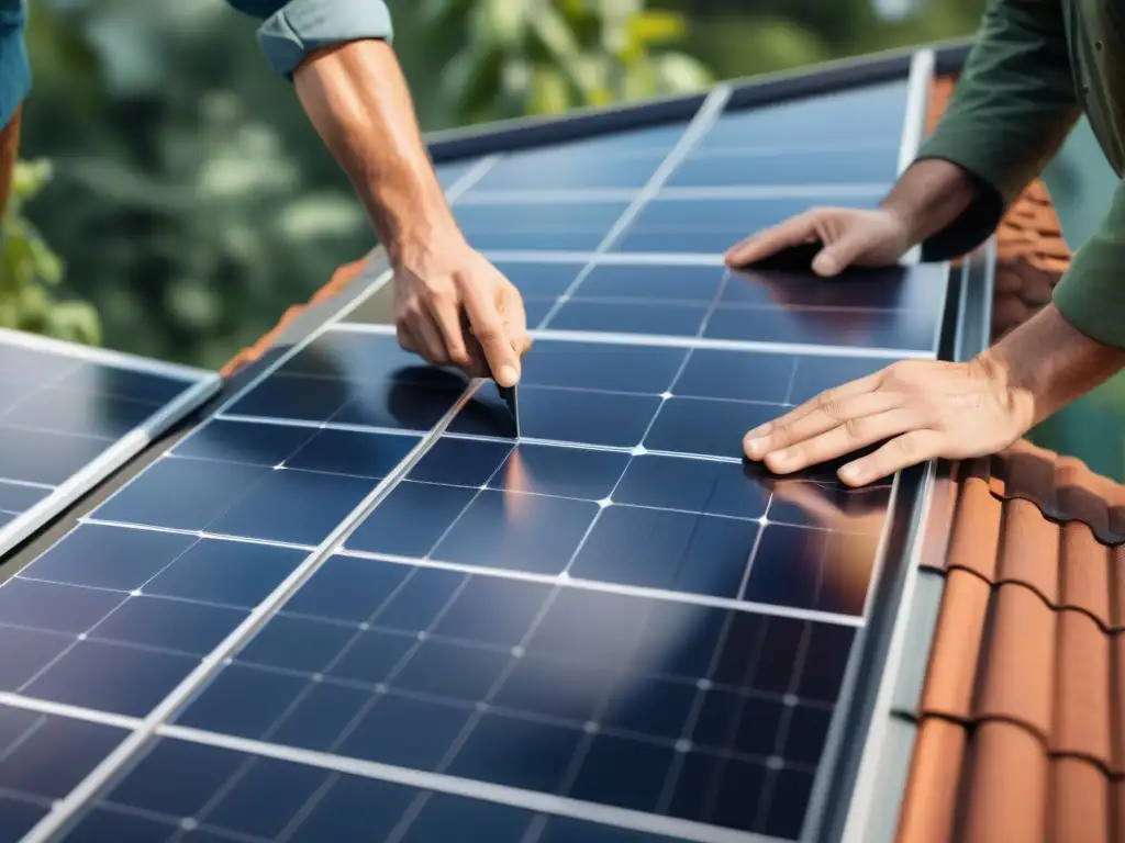 Instalación detallada de paneles solares en casa ecoamigable con certificación EDGE para hogares sostenibles