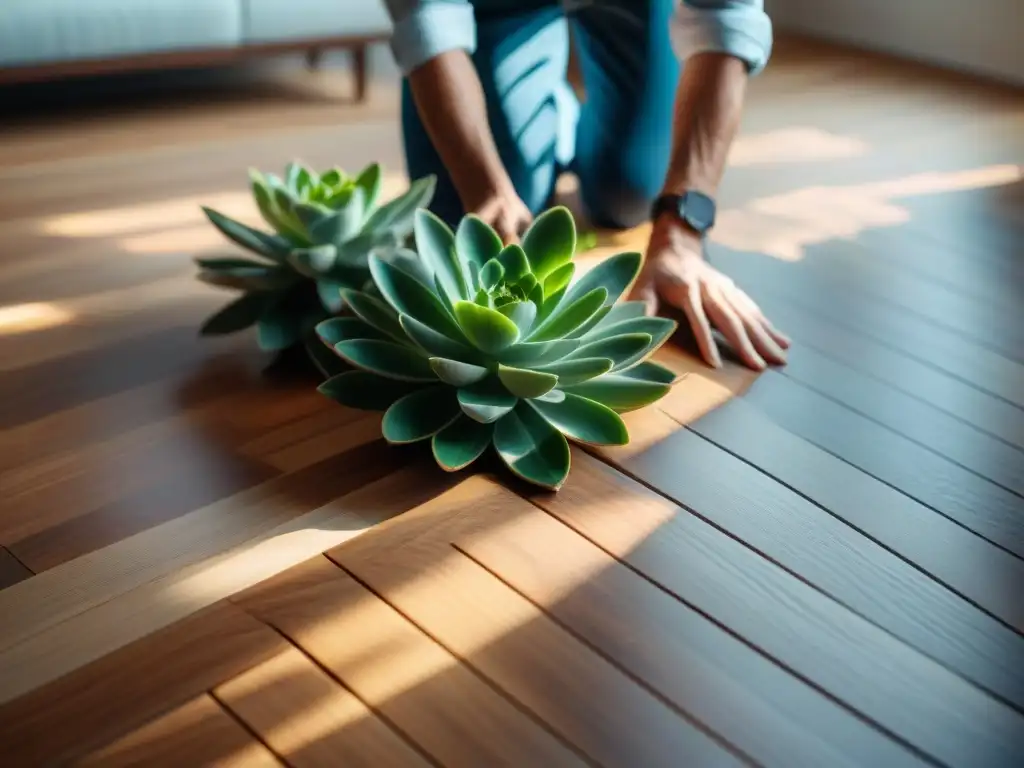 Instalación detallada de pavimentos sostenibles para interiores en una sala moderna y soleada, resaltando la armonía entre naturaleza y diseño