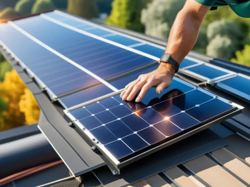 Instalación de panel solar en casa moderna con luz del sol brillante, simbolizando la central de energía verde en casa