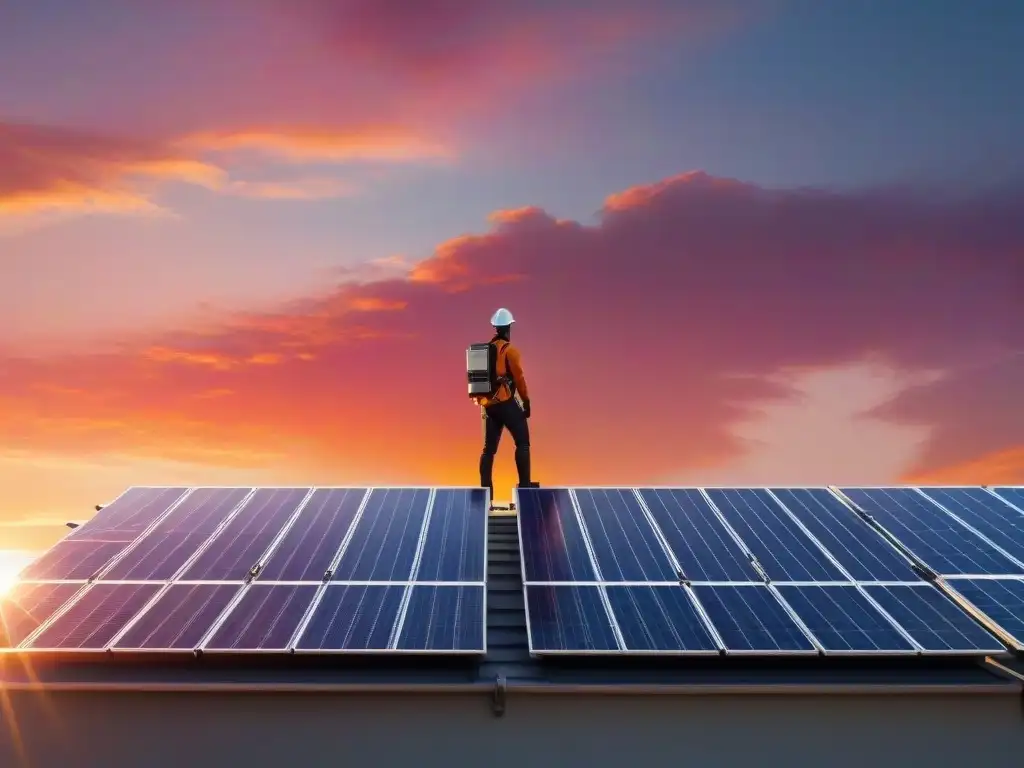 Una instalación de paneles solares en un atardecer vibrante, simbolizando rentabilidad energía solar ecología