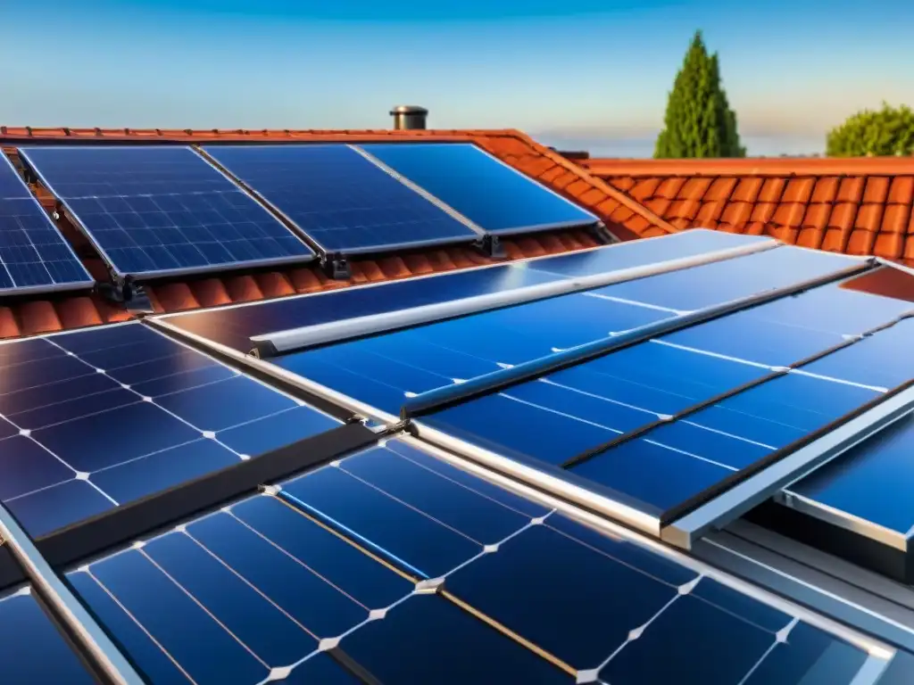 Instalación de paneles solares en casa ecológica, cielo azul