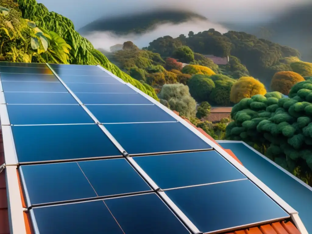 Instalación solar moderna en casa sustentable Instalación de paneles solares en casa sostenible con diseño innovador y luz cálida