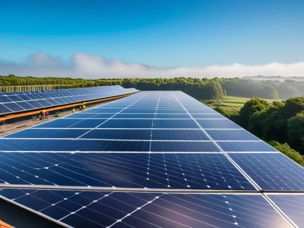 Instalación de paneles solares en edificio sostenible, resaltando la importancia del certificado LEED en arquitectura sostenible