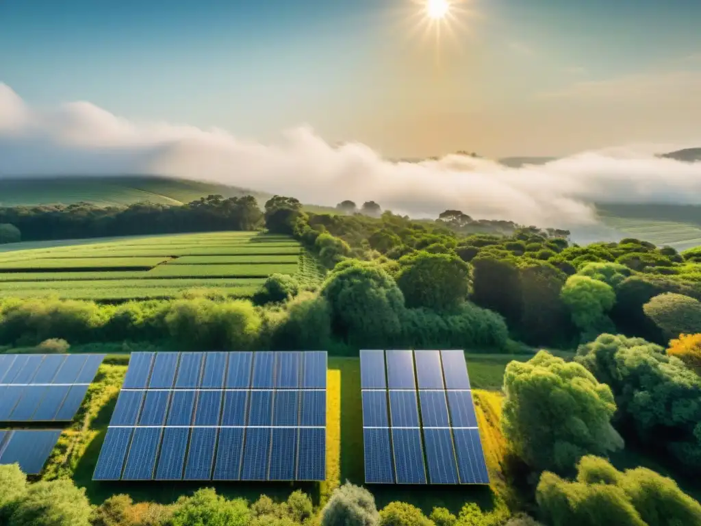 Instalación de paneles solares integrada en paisaje verde, beneficios de los paneles solares