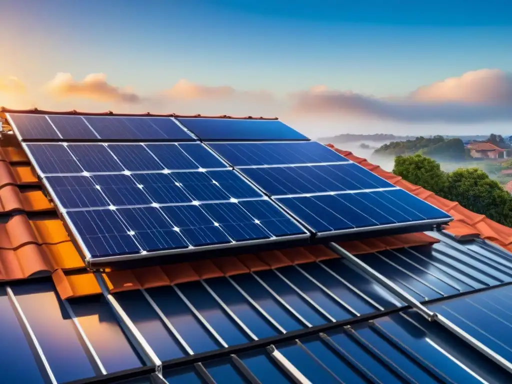 Instalación de paneles solares modernos en casa, reflejando rayos solares con cielo azul