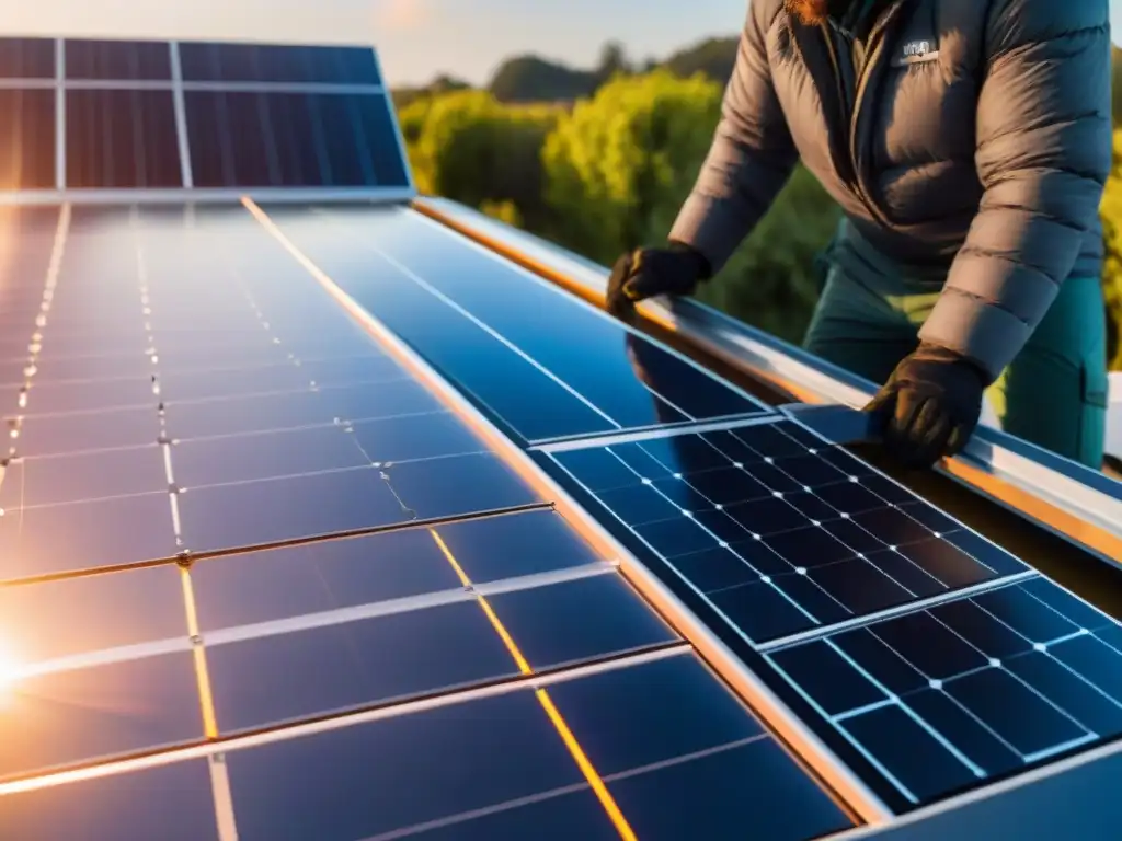 Instalación de paneles solares tecnología sostenible en techo futurista, reflejando luz solar