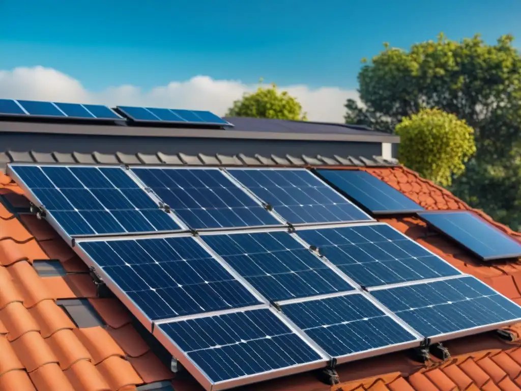 Instalación de paneles solares en tejado residencial, reflejando la luz del sol con fondo de cielo azul y árboles verdes