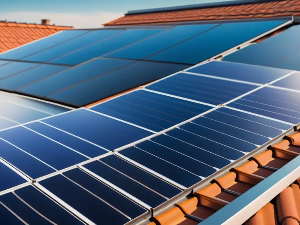 Instalación de paneles solares en viviendas: Tejado cubierto de modernos paneles solares reflejando la luz solar, en armonía con el cielo azul