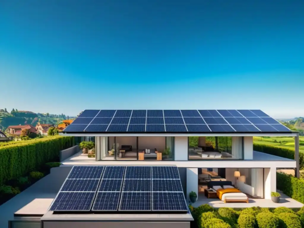 Instalaciones solares para hogares: Tejado solar radiante bajo un cielo azul y brillante sol, integrando energía renovable en un entorno armonioso