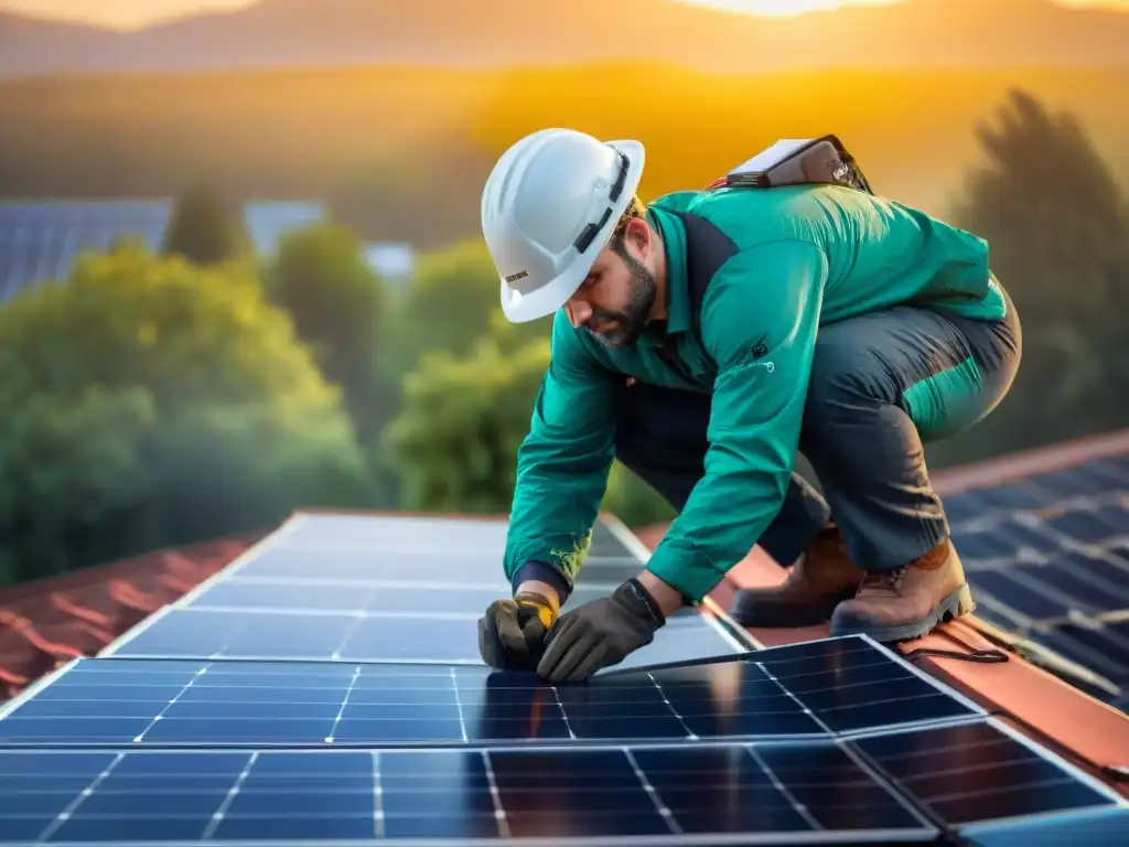 Instalador experto colocando panel solar en tejado residencial, con sol brillante de fondo