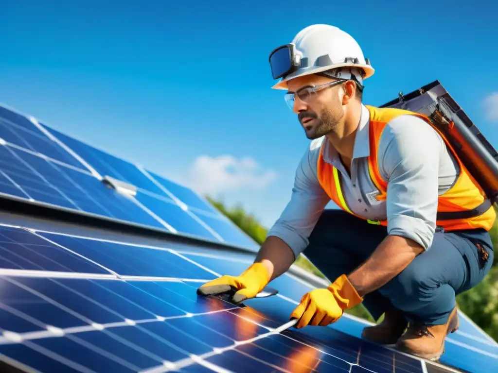 Un instalador de paneles solares respetuoso y experto conecta cuidadosamente un panel en un tejado residencial, bajo un cielo azul