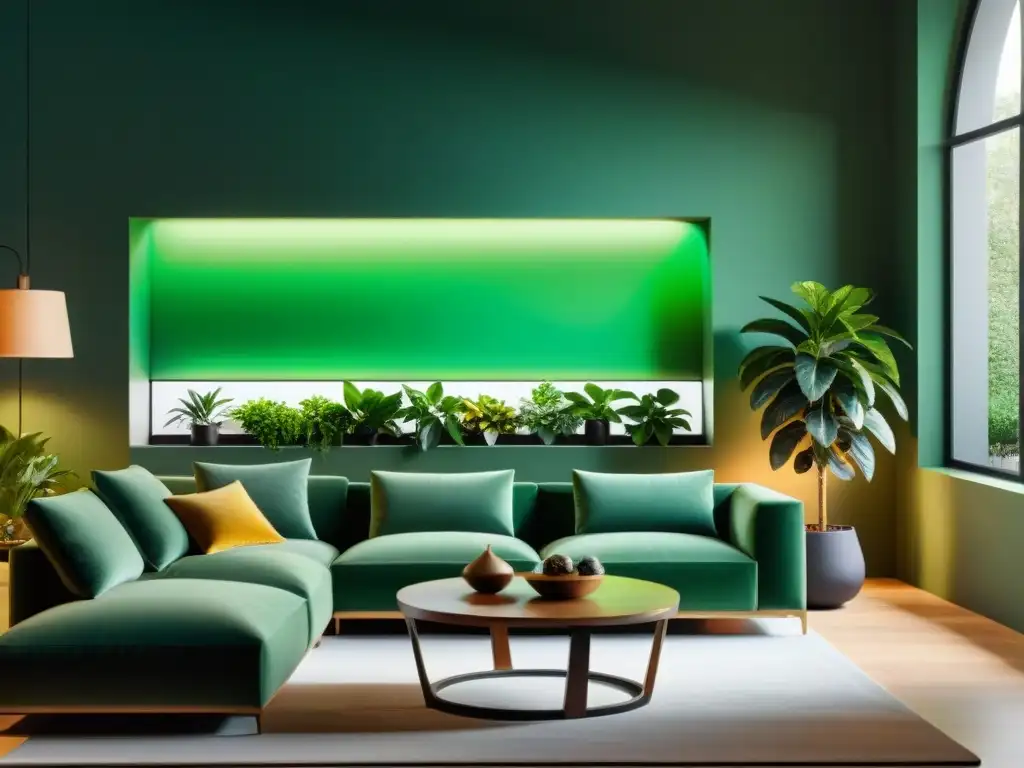 Sistema ecofriendly integrado en sala moderna Integración armónica de sistemas ecológicos calefacción refrigeración interiores en salón moderno y elegante, con toques verdes sutiles