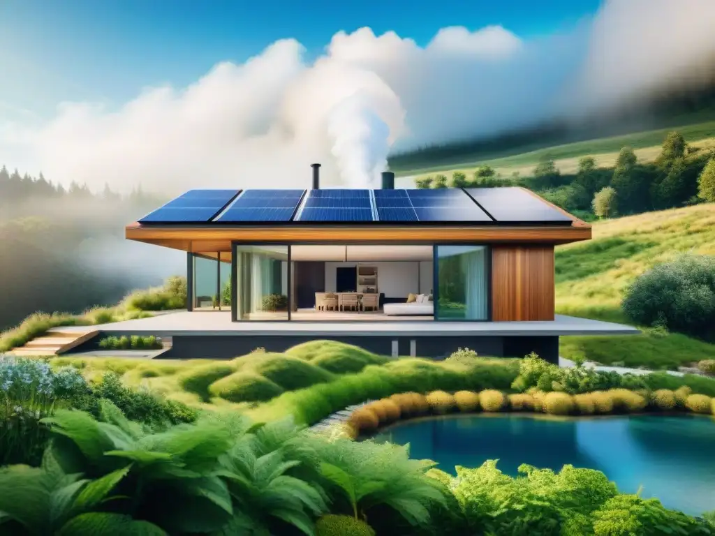 Casa ecológica integrada con energía geotérmica, rodeada de naturaleza