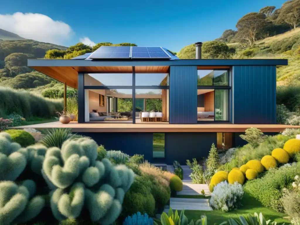 Casa ecológica integrada armoniosamente en entorno natural, con paneles solares, sistema de recolección de agua de lluvia y jardín nativo