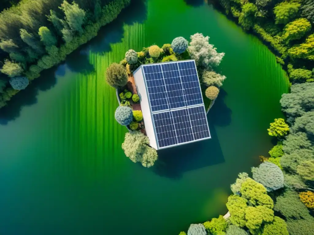 Casa ecológica integrada en la naturaleza con paneles solares brillantes bajo el sol