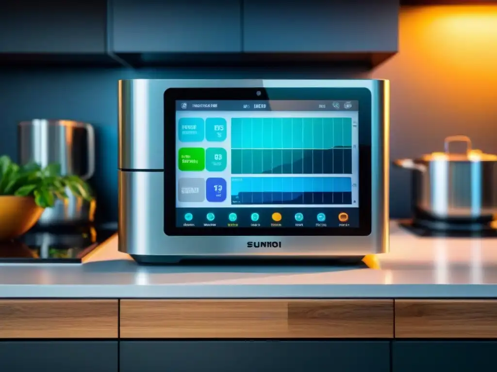 Interfaz digital Smart Home muestra datos de uso de agua en tiempo real, en una cocina futurista